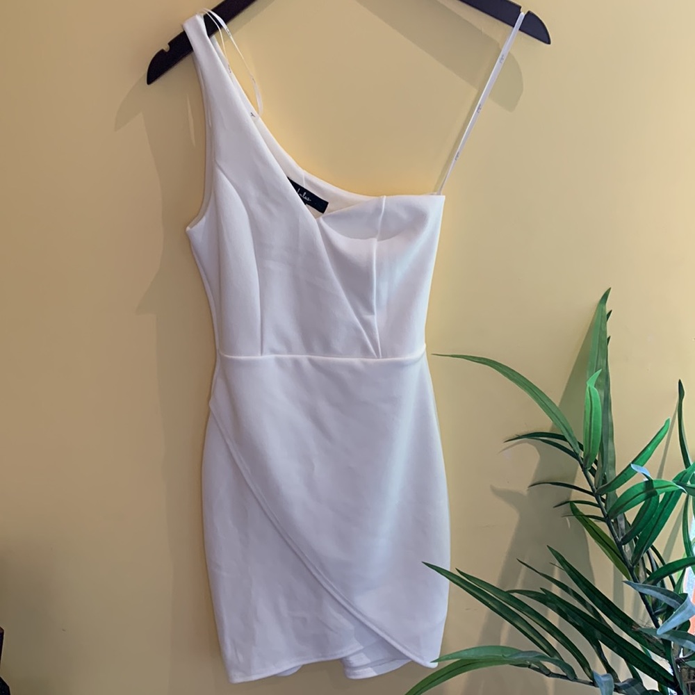 Lulu’s Get Gorgeous White One-Shoulder Faux-Wrap Bodycon Mini Dress